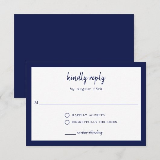 Kindly Reply Blue Wedding Elegant Simple Script RSVP Kaartje (Voorkant / Achterkant)