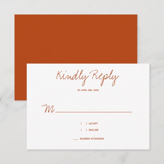 Kindly Reply Typography Burnt Oranje Wedding RSVP Kaartje (Voorkant / Achterkant)