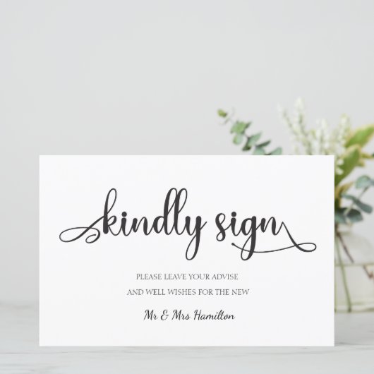 "Kindly sign" Black White gastenboek Weddenschap (Staand voorkant)