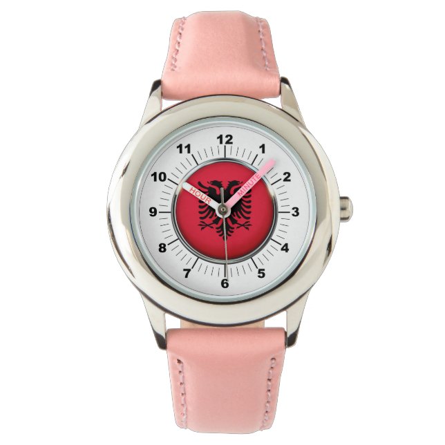 Kind's Albanië Flag Roze Lederen Strap Horloge (Voorkant)