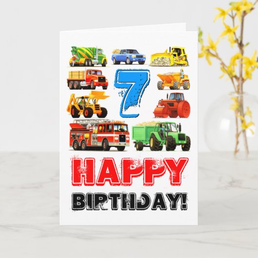 Kind's Big Trucks 7e verjaardag Kaart (Gele Bloem)