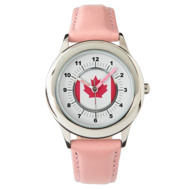 Kind's Canada Flag Pink Leather Strap Horloge (Voorkant)