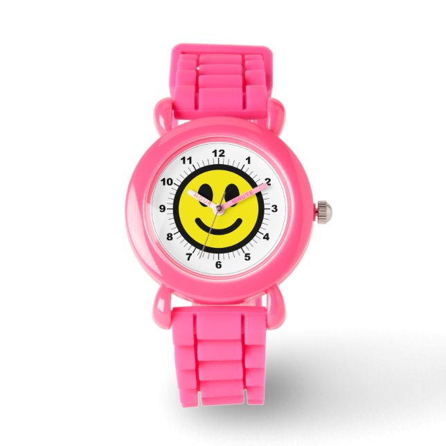 Kind's Happy Face Pink Glitter Strap Watch Horloge (Voorkant)