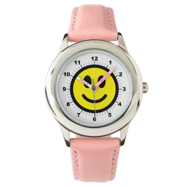 Kind's Happy Face Pink Leather Strap Watch Horloge (Voorkant)