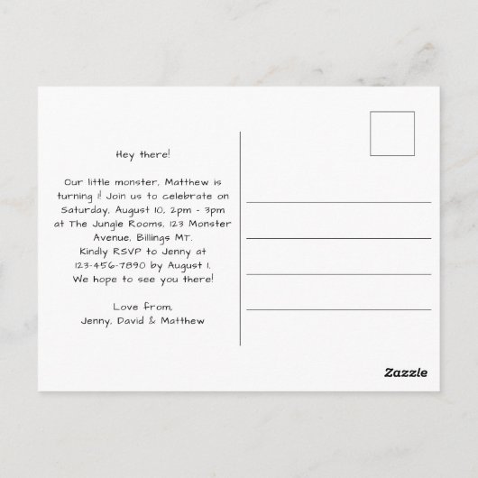 Kind's kleine monster verjaardagsfeestuitnodiging briefkaart (Achterkant)