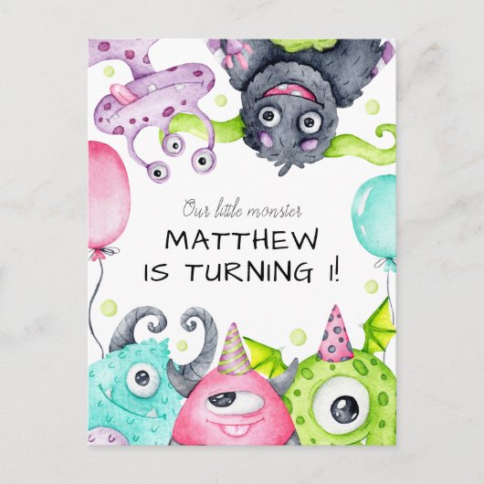 Kind's kleine monster verjaardagsfeestuitnodiging briefkaart (Voorkant)