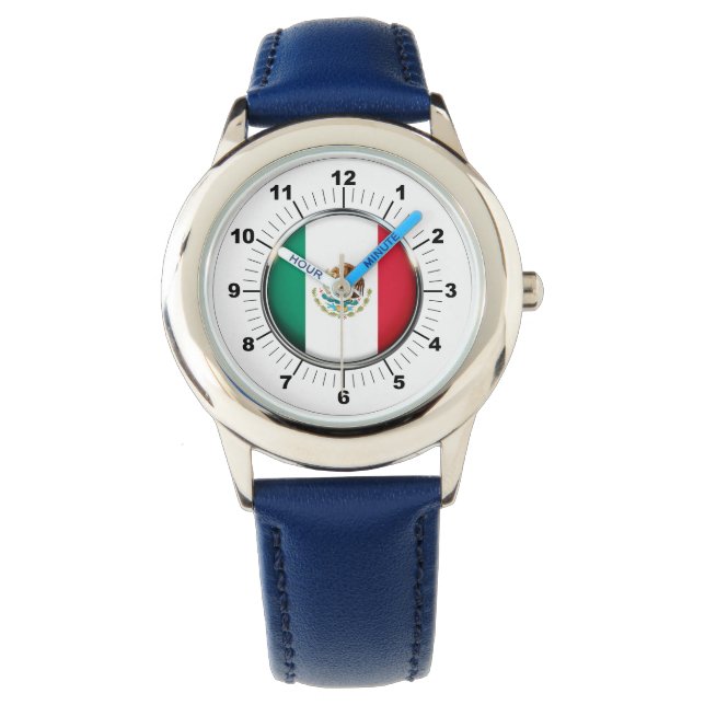 Kind's Mexico Flag Blue Leather Strap Horloge (Voorkant)