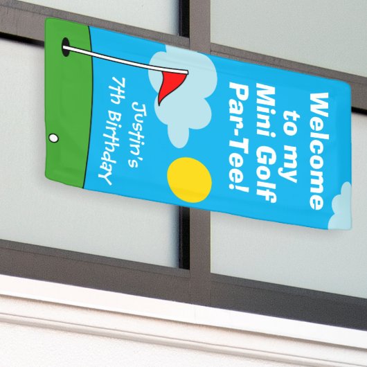 Kind's mini golf putt Verjaardagsfeestje welkom Spandoek (Buitenkant Gebouw)