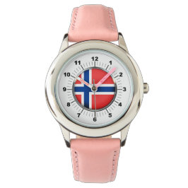 Kind's Noorwegen Flag Roze Lederen Strap Horloge