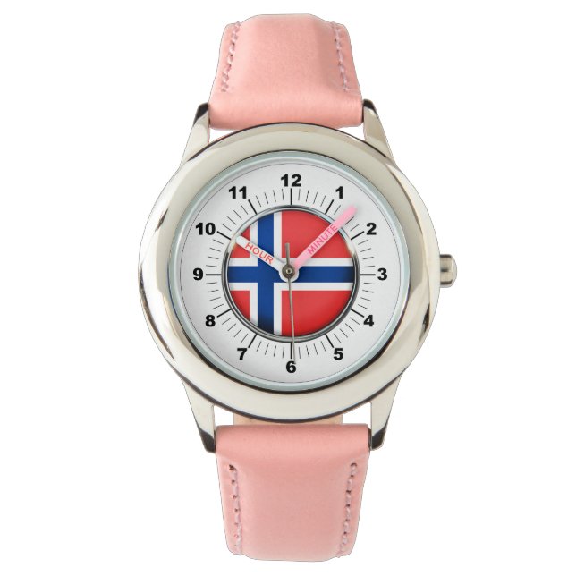 Kind's Noorwegen Flag Roze Lederen Strap Horloge (Voorkant)