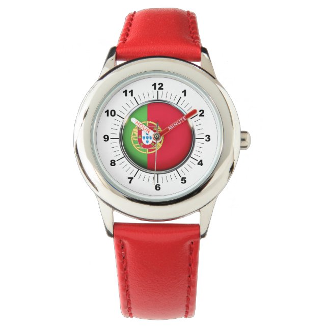 Kind's Portugal Flag Red Leather Strap Watch Horloge (Voorkant)