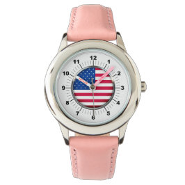 Kind's USA Flag Roestvrij staal Roze Lederen band Horloge