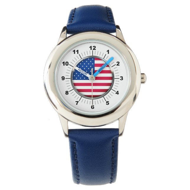 Kind's USA Flag RVS Blauw Leer Horloge (Voorkant)