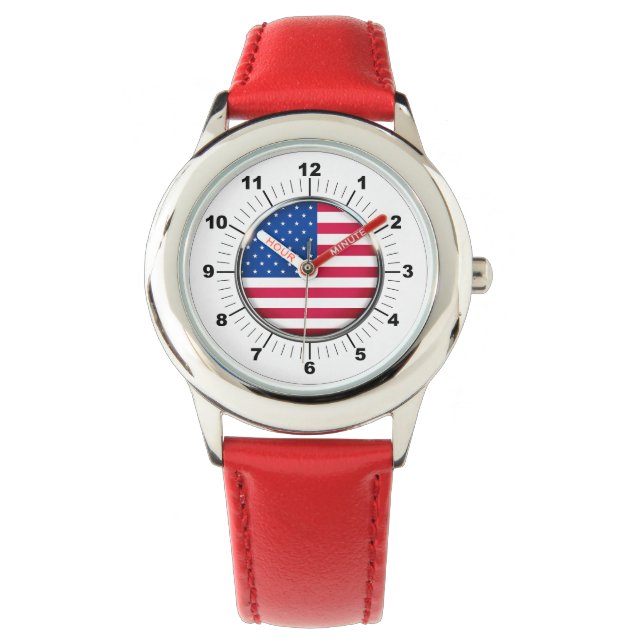 Kind's USA Flag RVS Rood Leer Horloge (Voorkant)