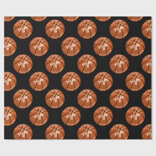 Kind's Verjaardag, Basketbal, Naam Leeftijd, Zwart Cadeaupapier (Vlak)