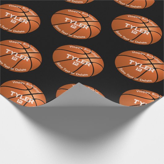 Kind's Verjaardag, Basketbal, Naam Leeftijd, Zwart Cadeaupapier (Hoek)