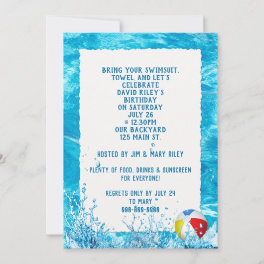 Kind's Verjaardags Zwembad Party Invite Kaart (Achterkant)