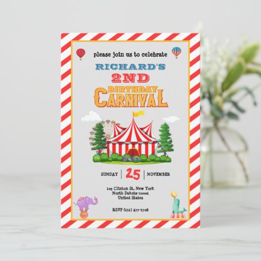 Kind's Verjaardagsfeestje Circus carnaval Thema Kaart (Staand voorkant)