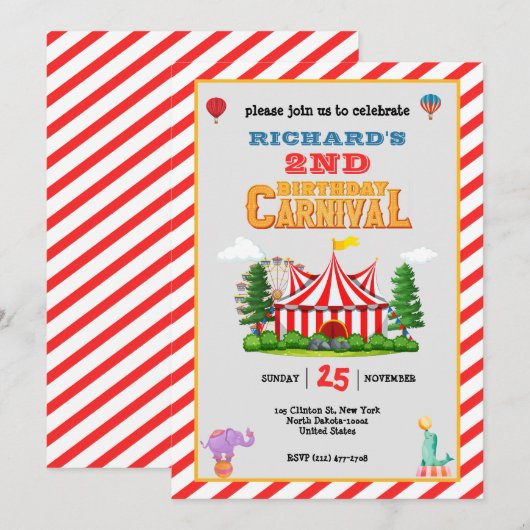 Kind's Verjaardagsfeestje Circus carnaval Thema Kaart (Voorkant / Achterkant)