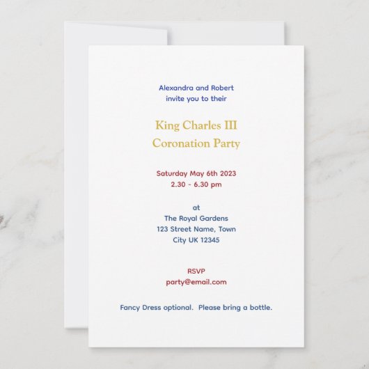 King Charles III Coronation Fun Custom Text Party Kaart (Achterkant)