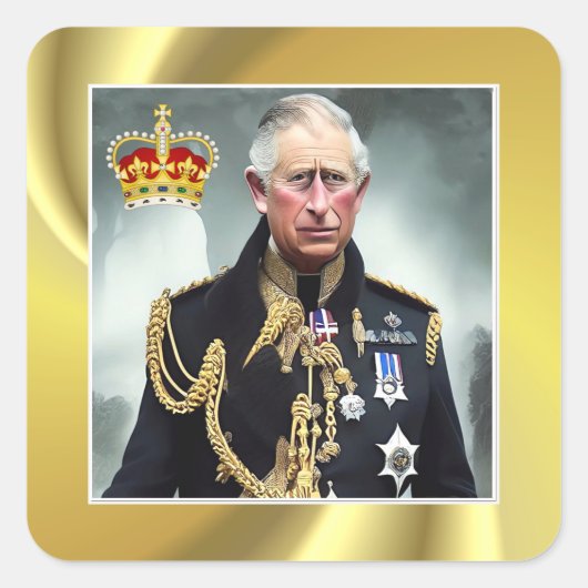 King Charles III Gold background Square Sticker (Voorkant)