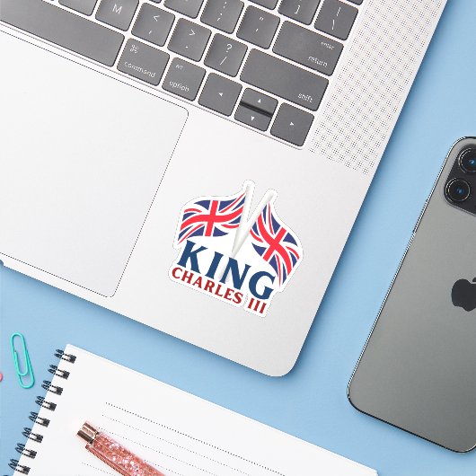 King Charles III, Union Jack Flags Sticker (Laptop met iPhone)
