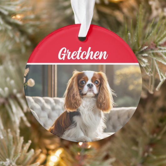King Charles Spaniel with Name and Photo Christmas Ornament (Boom)