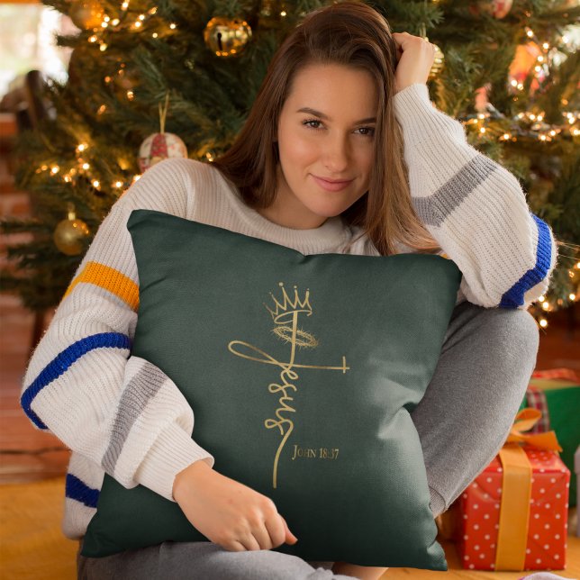KING JESUS Elegant Groen/Goud Christelijk Kerstmis Kussen (Creator heeft geüpload)