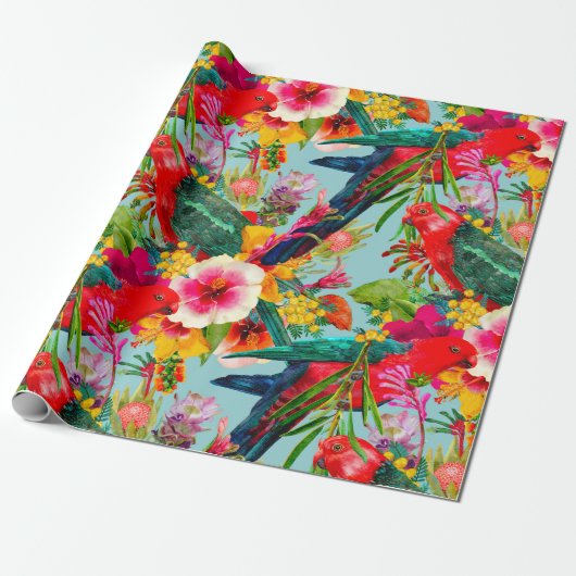 King Parrot Tropical Blooms Patroon Cadeaupapier (Uitgerold)