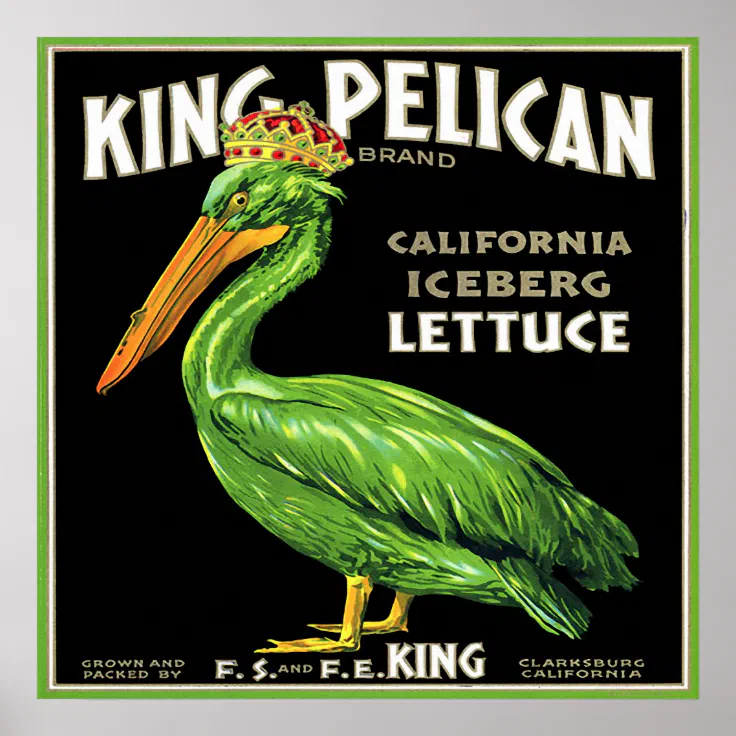 KING PELICAN ICEBERG LETTUCE CRATE ETIKET POSTER Zazzle.nl