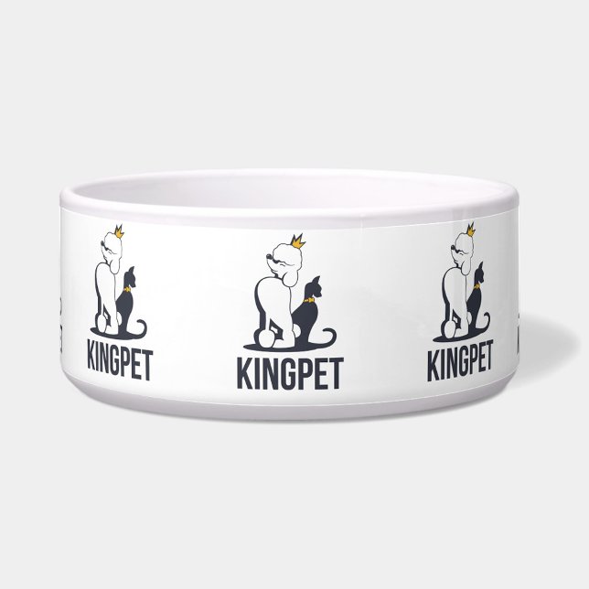 King-Pet Voerbakje (A white pet bowl with the words "KINGPET" and a cartoon of a dog and cat wearing crowns. )
