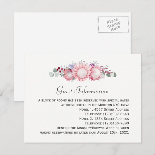 King Protea Botanische bruiloft Gastinformatie Briefkaart (Voorkant / Achterkant)