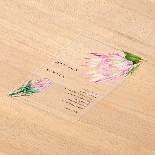 King Protea Roze Waterverf Bloemen Huwelijk Acryl Uitnodigingen (Laagn)