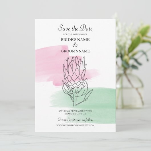 King Protea Waterverf Wedding Save the Date (Staand voorkant)