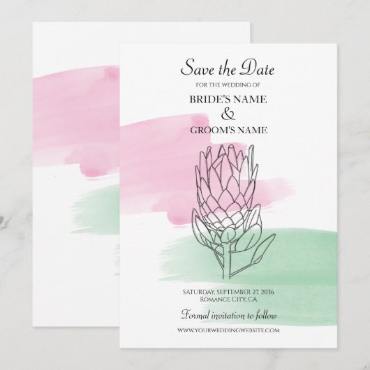 King Protea Waterverf Wedding Save the Date (Voorkant / Achterkant)
