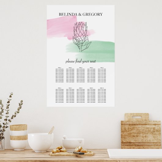 King Protea Waterverf Wedding Seating Chart Poster (Keuken)