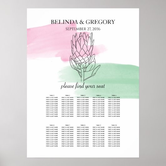 King Protea Waterverf Wedding Seating Chart Poster (Voorkant)