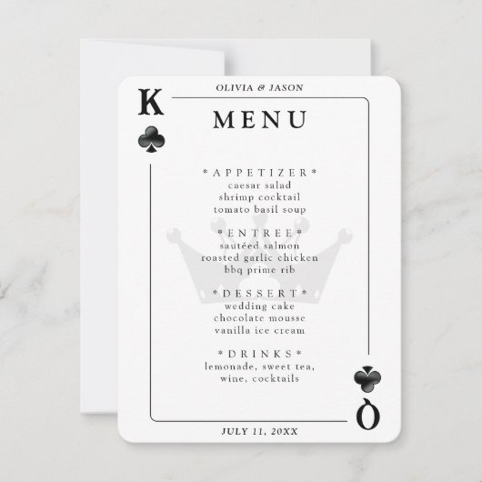 King & Queen of Clubs Spelen Kaart Wedding Menu (Voorkant)