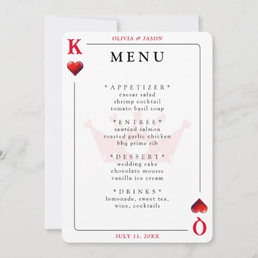 King & Queen of Hearts Spelen Kaart Wedding Menu (Voorkant)