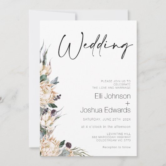 King White Protea Wedding Calligraphy Wedding Kaart (Voorkant)