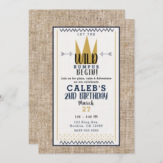 King Wild Thing Gold Crown Burlap Birthday Party Kaart (Voorkant / Achterkant)