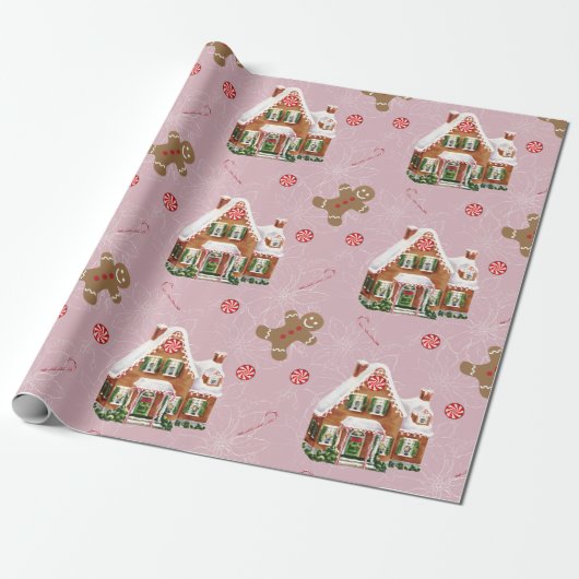 Kingerbrood Roze kerstpapier Cadeaupapier (Uitgerold)