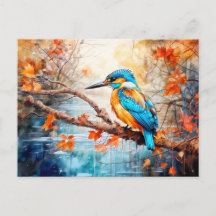 Kingfisher above pond in painterly style