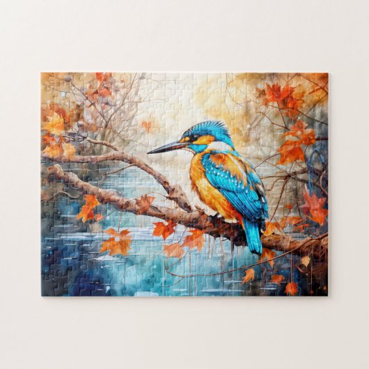 Kingfisher above pond in painterly style legpuzzel (Horizontaal)