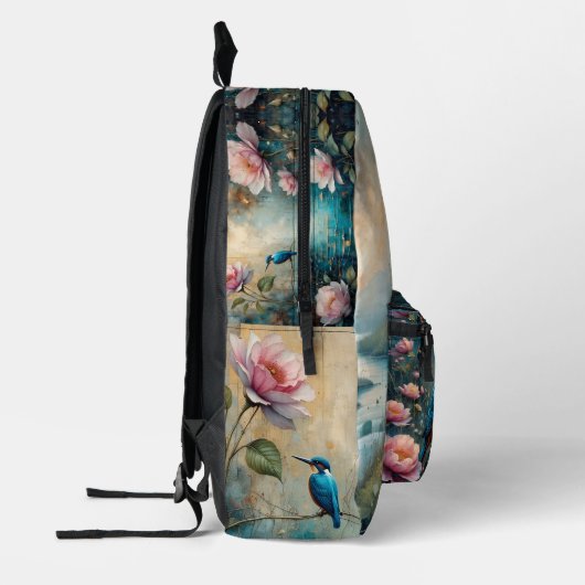 Kingfisher bird over water and Roses Bedrukte Rugzak (Links)