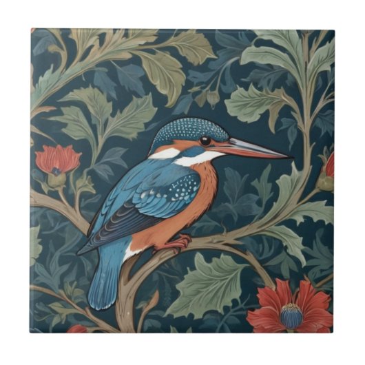 Kingfisher Bird William Morris stijl Rechts tegeno Tegeltje (Voorkant)