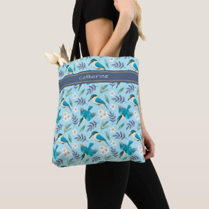 Kingfisher Birds Floral Pattern Blue Name Tas