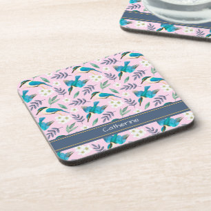  Kingfisher Birds Floral Pattern roze naam Bier Onderzetter