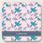  Kingfisher Birds Floral Pattern roze naam Bier Onderzetter (Voorkant)
