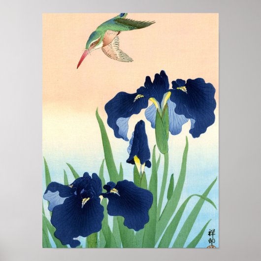 Kingfisher boven Irises, 1926, door Ohara Koson Poster (Voorkant)